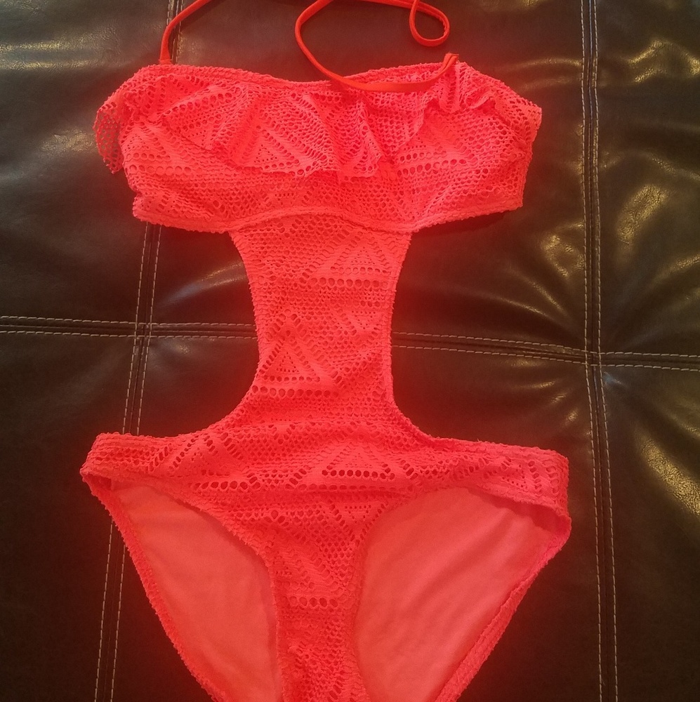 Hot coral lace swimsuit with ruffle detail